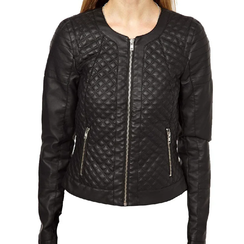 Women's leather jacket with quilt stitching pattern