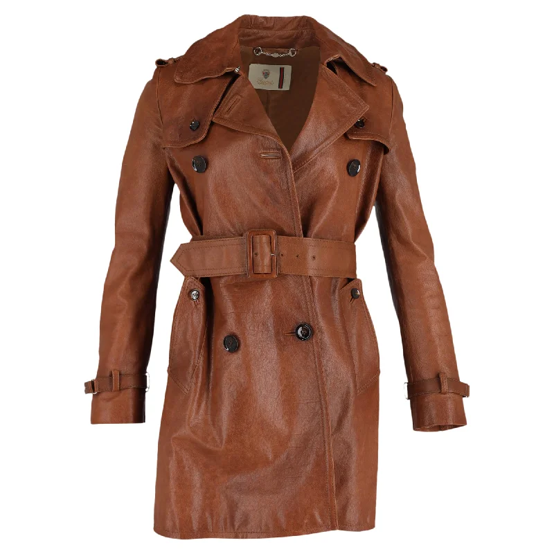 Gucci Vintage Double-Breasted Mini Trench Coat in Tan Leather