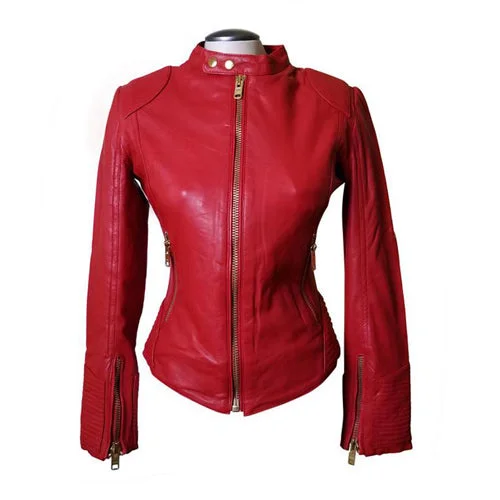 Kirby’s Red Leather Jacket With Buttoned Collar