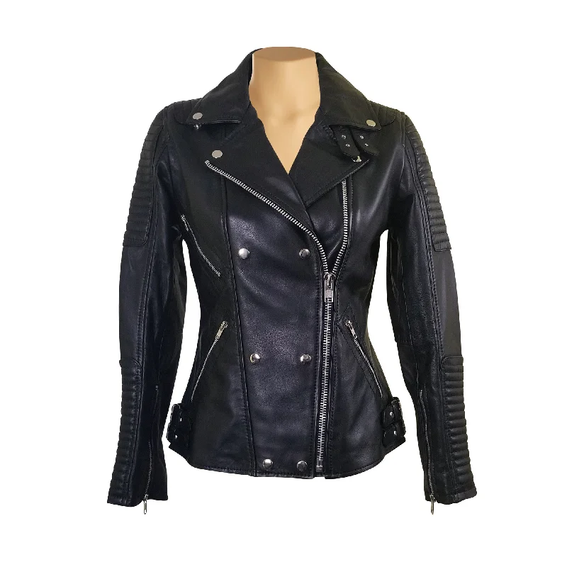 Michaela Biker style leather jacket with snap button closure