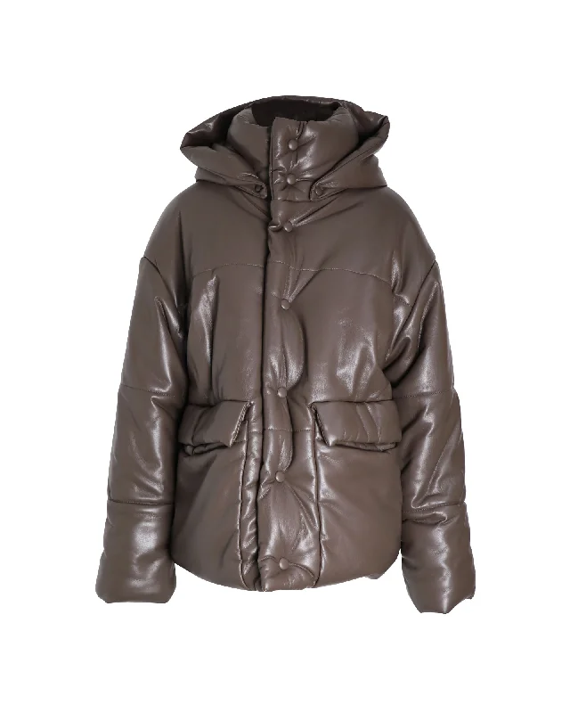 Nanushka Hide Vegan Leather Puffer Jacket in Brown Polyester