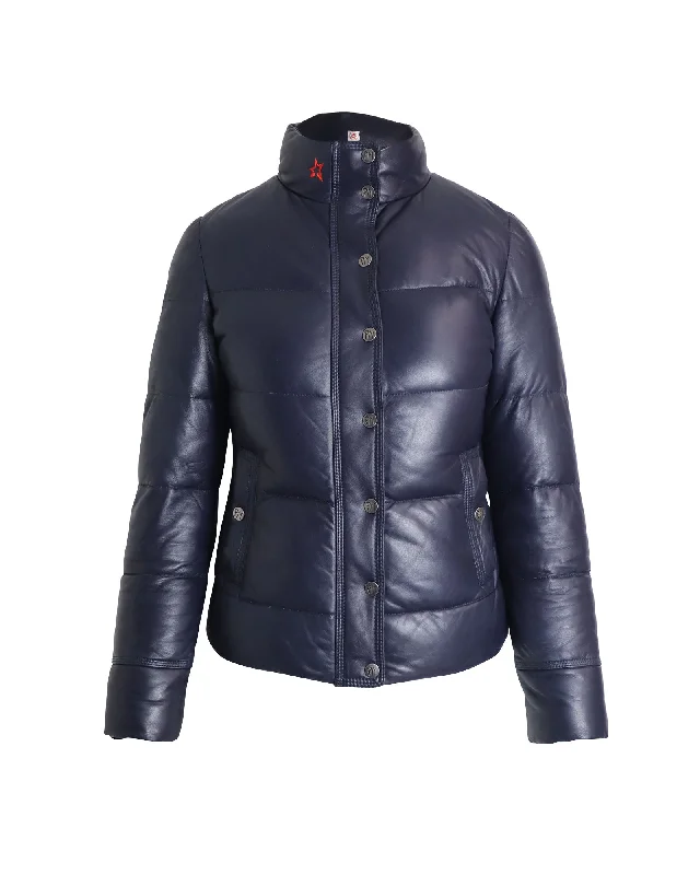 Perfect Moment Quilted Puffer Jacket in Navy Blue Lambskin Leather