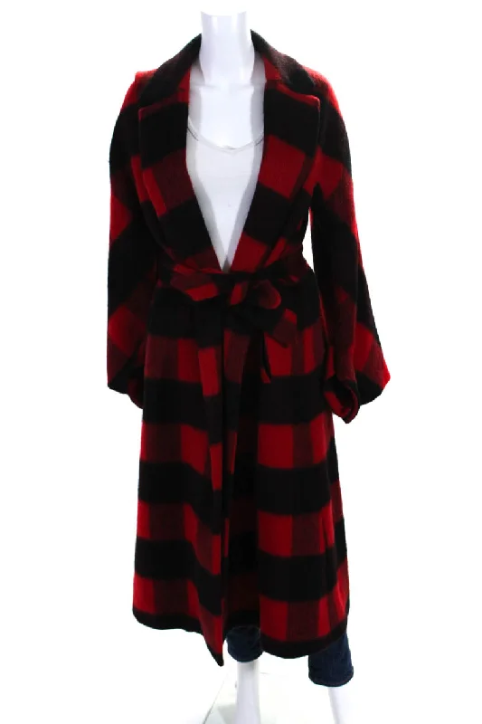 Smarteez Womens Wool Check Print Open Front Collared Trench Coat Red