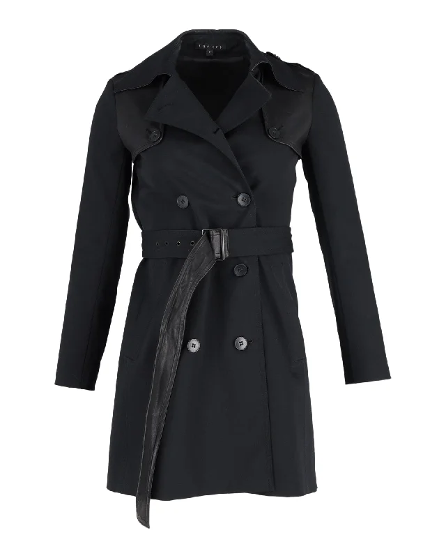 Theory Double-Breasted Trench Coat with Belt in Black Cotton