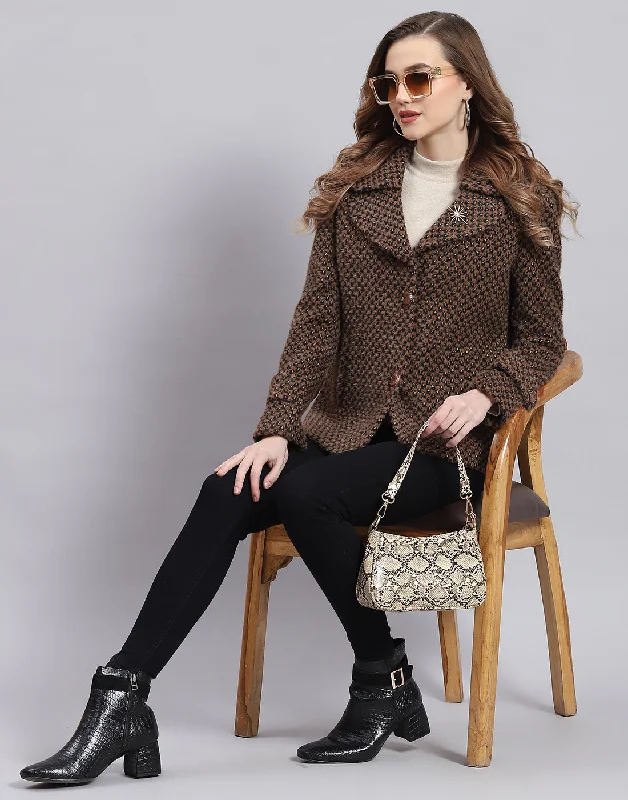 Women Brown Self Design Lapel Collar Full Sleeve Coat