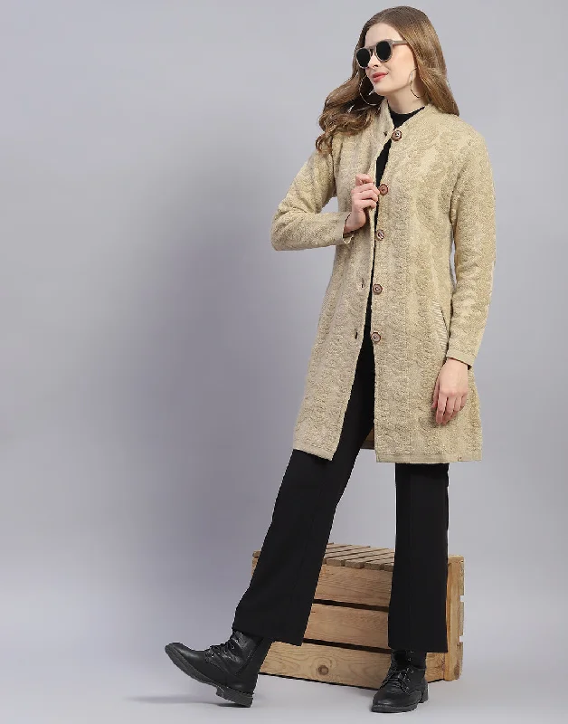 Women Camel Brown Printed Round Neck Full Sleeve Coat