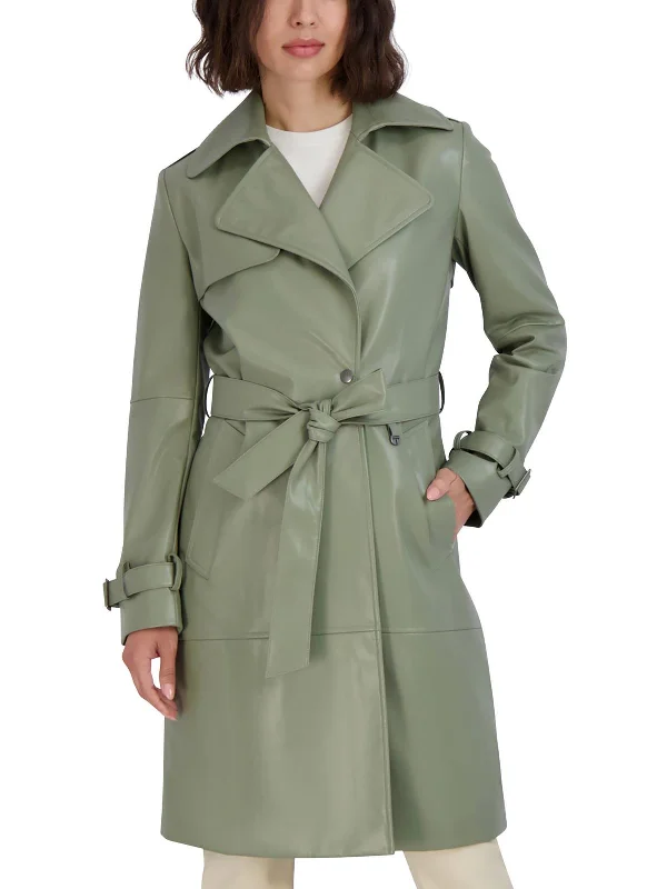 Womens Vegan Leather Belted Trench Coat