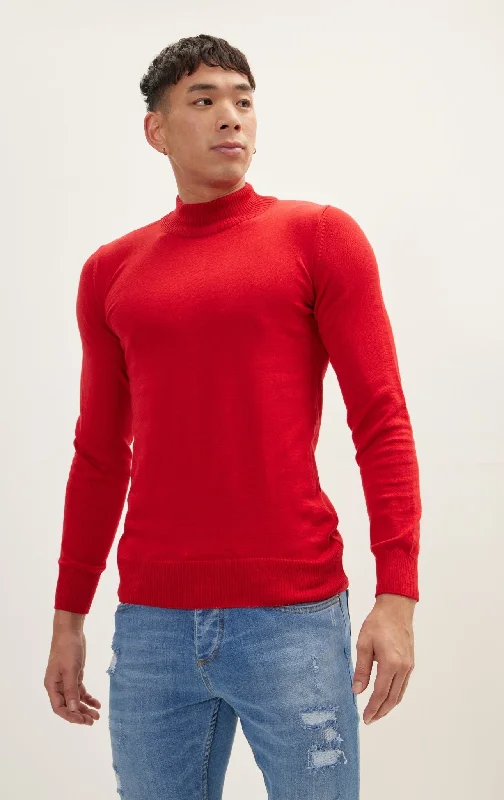 Mock Neck Relaxed Sweater- Red