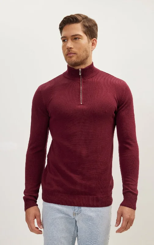 Quarter Zipper Mock Neck Ribbed Sweater - Burgundy