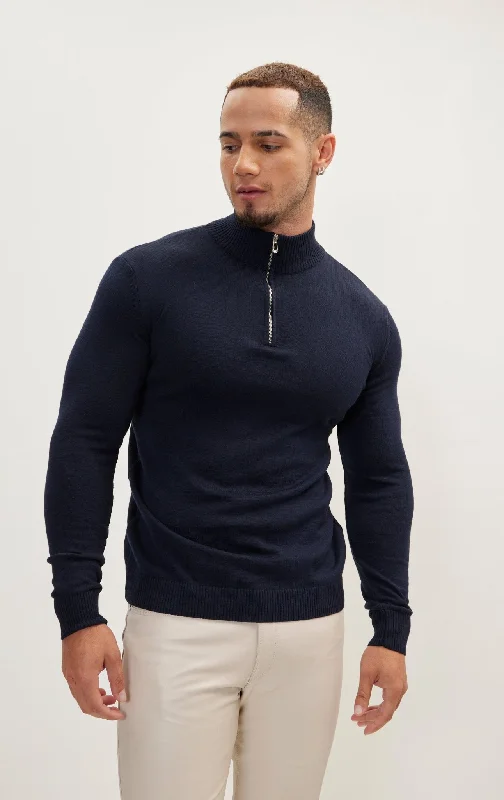 Quarter Zipper Mock Neck Ribbed Sweater - Navy