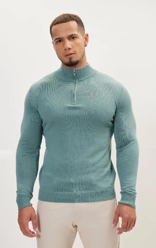 Quarter Zipper Mock Neck Ribbed Sweater - Teal Green