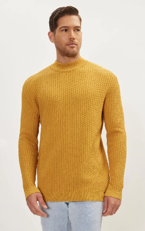 Oversized Bamboo Ribbing Stitch Mock Neck Sweater - Mustard