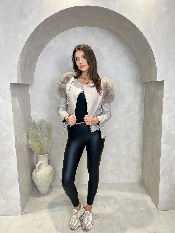 Beige Collarless Luxury Fur Biker Jacket