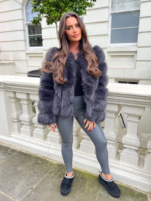 Charcoal Vertical Design Faux Fur Coat