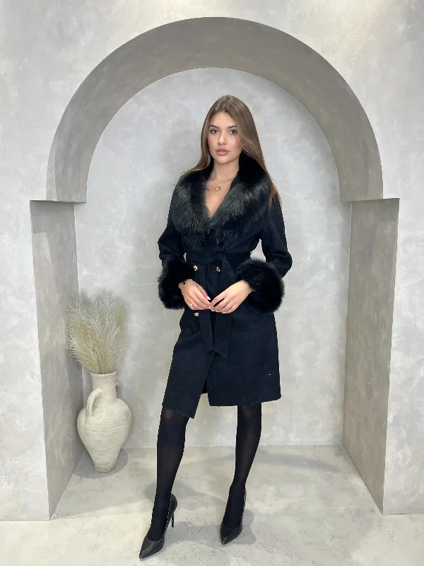 Black Luxury Fur Cashmere Coat