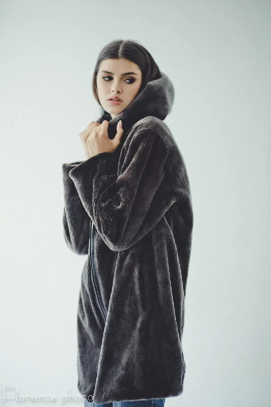 Beaver Fur Jacket with Hood (Grey)