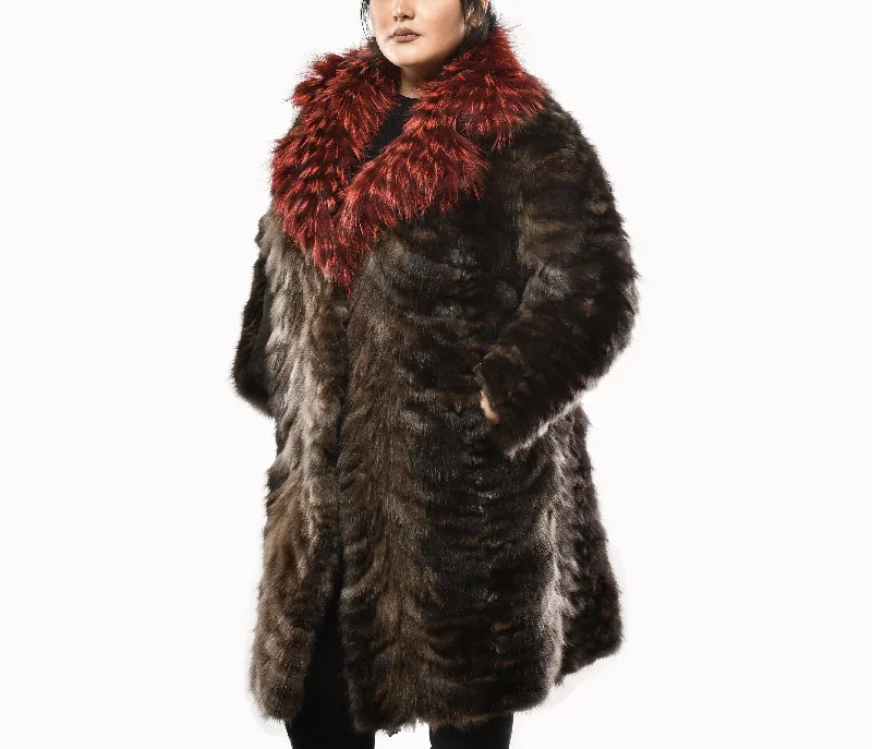 Natural Sable Fur Coat with Red Fox Fur Collar