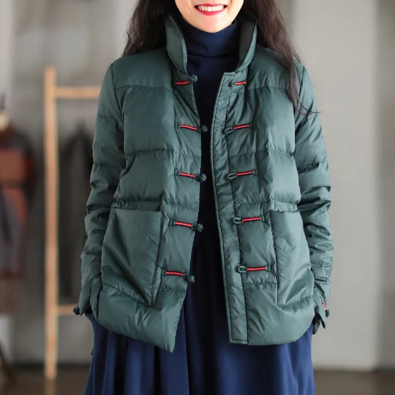 Stand Collar Retro Chinese Style Women's Down Coat with Strap Buttons