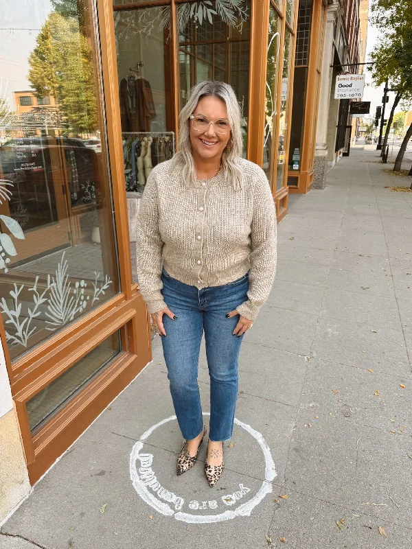 Taupe Sweater Cardigan with Pearls