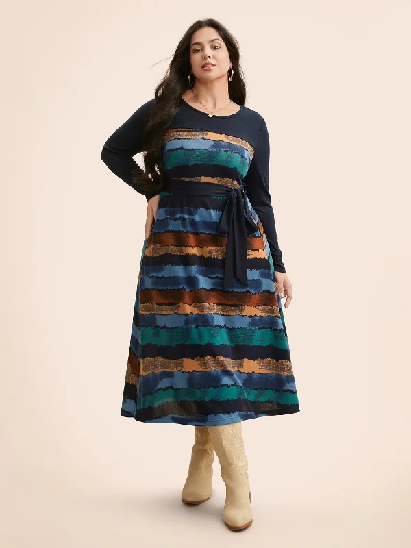 Contrast Striped Round Neck Midi Dress