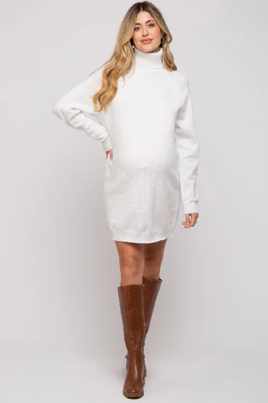 Cream Knit Long Sleeve Turtleneck Maternity Sweater Dress