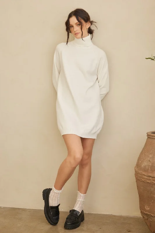 Cream Knit Long Sleeve Turtleneck Sweater Dress