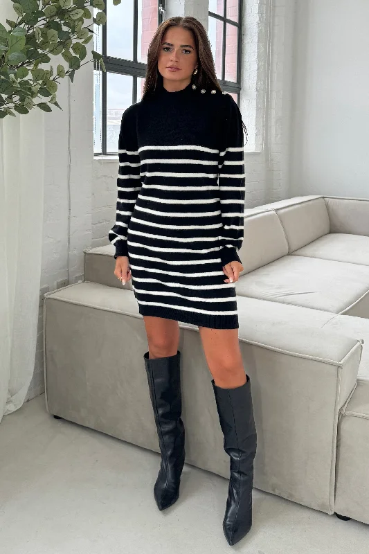 Fallon Black with Cream Stripe Knit Jumper Dress