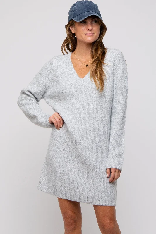 Heather Grey V-Neck Oversized Sweater Dress