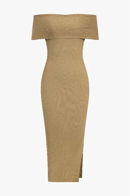 Solid Off Shoulder Knit Midi Dress