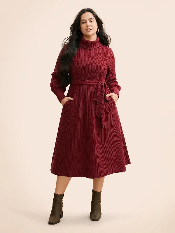 Turtleneck Belted High Stretch Knit Dress