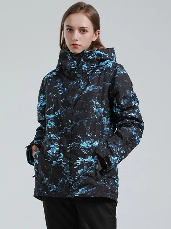 Women's Blue Floral Classic Versatile Removable Hood Snow Jacket