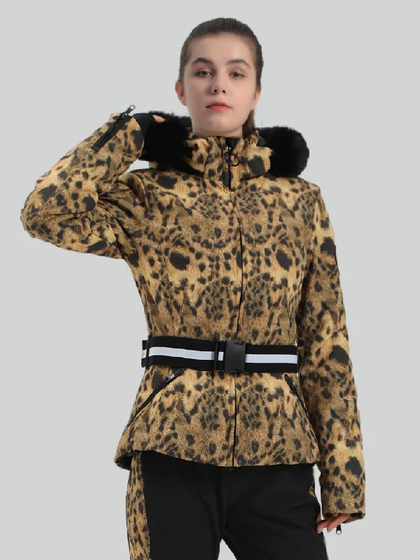 Women's Leopard Slim Fit Belted Down Ski Jacket